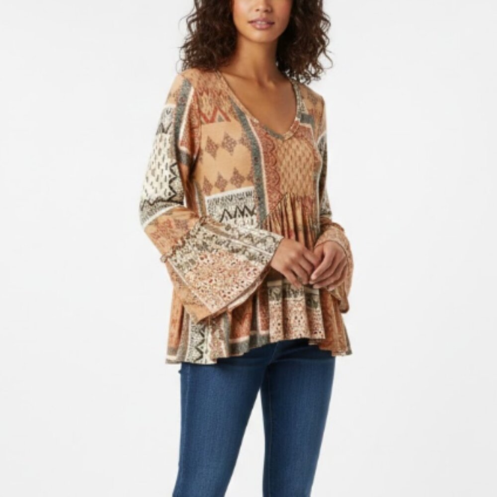 New Saints & Hearts Large Orange Gray Boho Ruffle Hem Festival Stretch Blouse